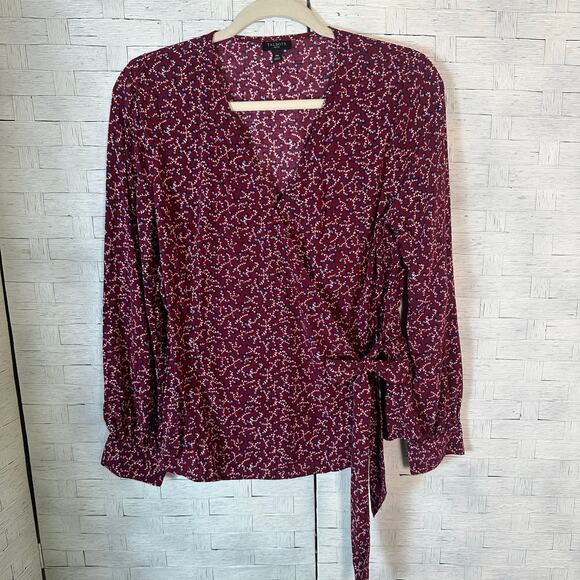Talbots Tops - Talbots Women’s blouse wrap side tie floral burgundy fall feminine academia
